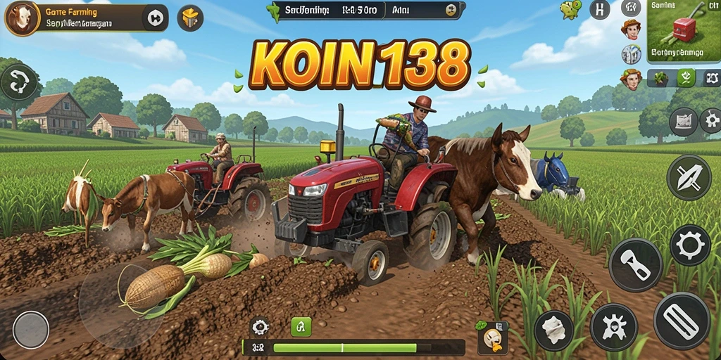 Screenshot gameplay KOIN138 menunjukkan kebun yang indah dengan tanaman berwarna-warni.