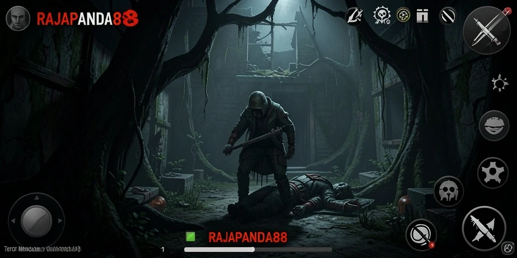 Tangkapan layar gameplay RAJAPANDA88 menampilkan suasana horor yang menegangkan.