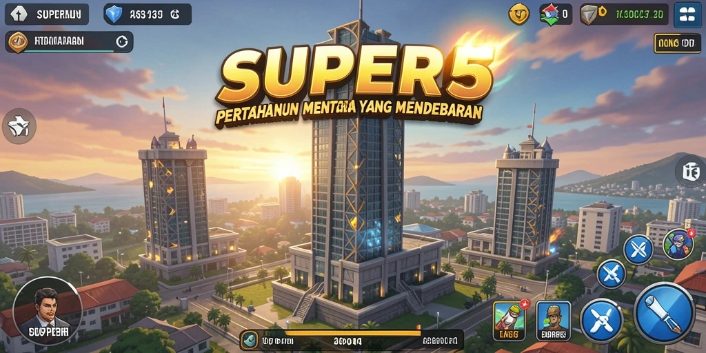 Tangkapan layar gameplay SUPER5 yang menampilkan menara pertahanan beraksi.