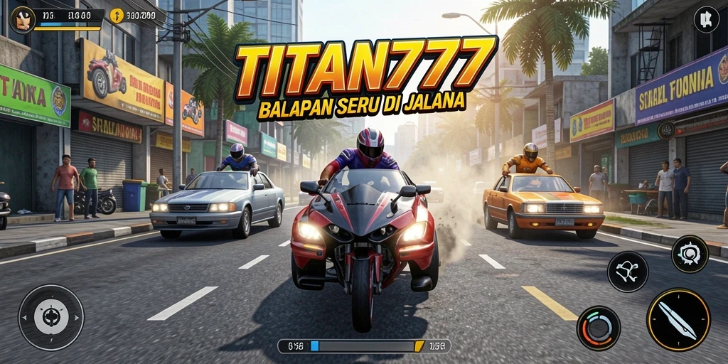 Screenshot gameplay TITAN777 menunjukkan balapan cepat yang mendebarkan.