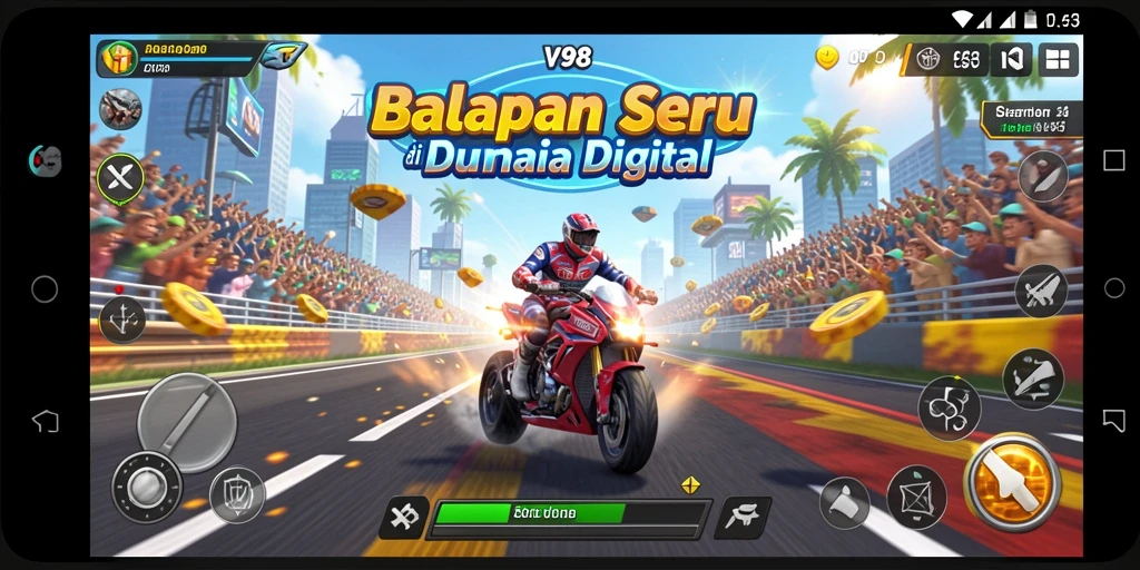 Gameplay seru V98 dengan balapan yang mendebarkan di trek menakjubkan.